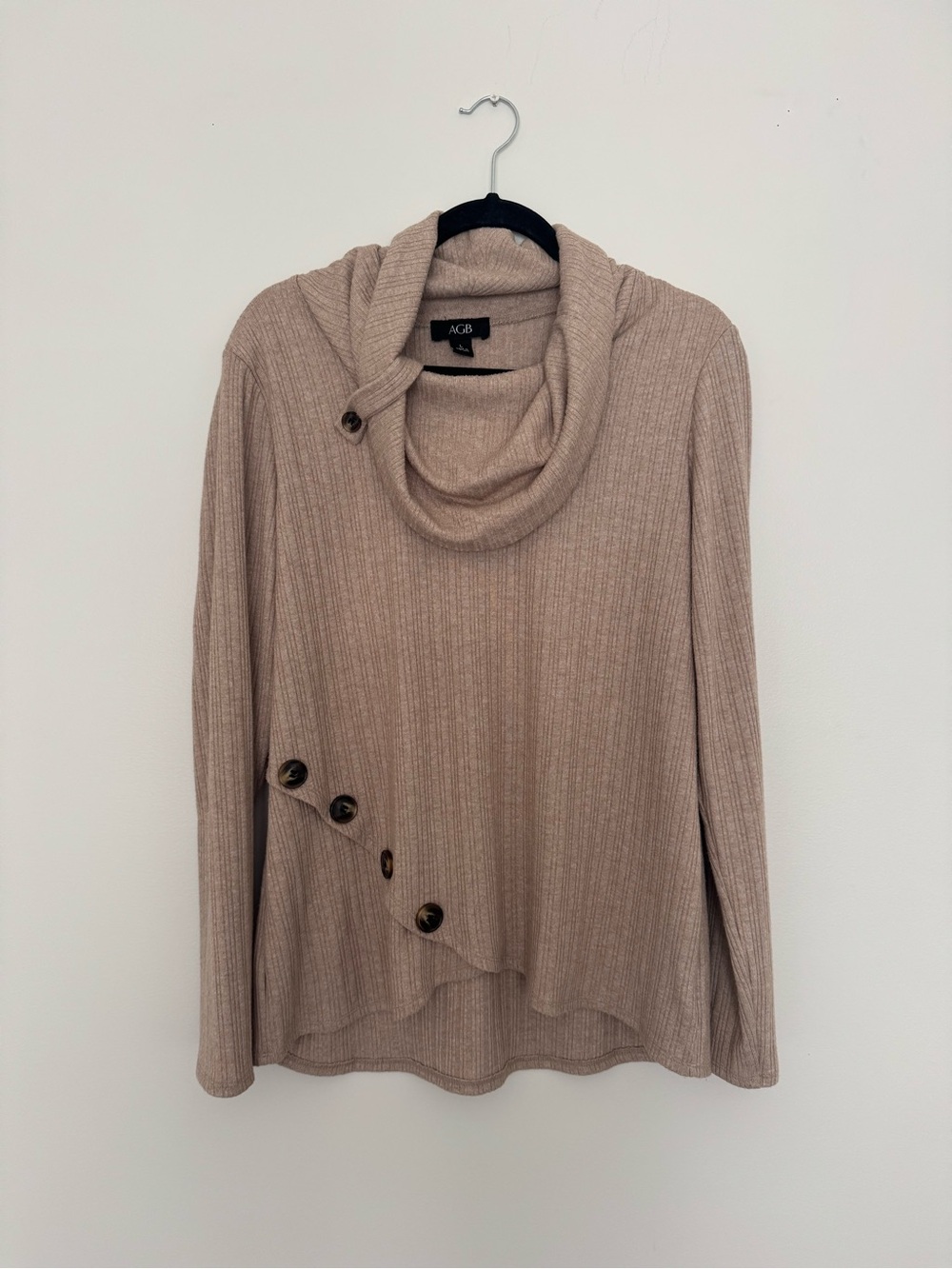 AGB Ribbed Cowl Neck Sweater with Button Detail - Taupe